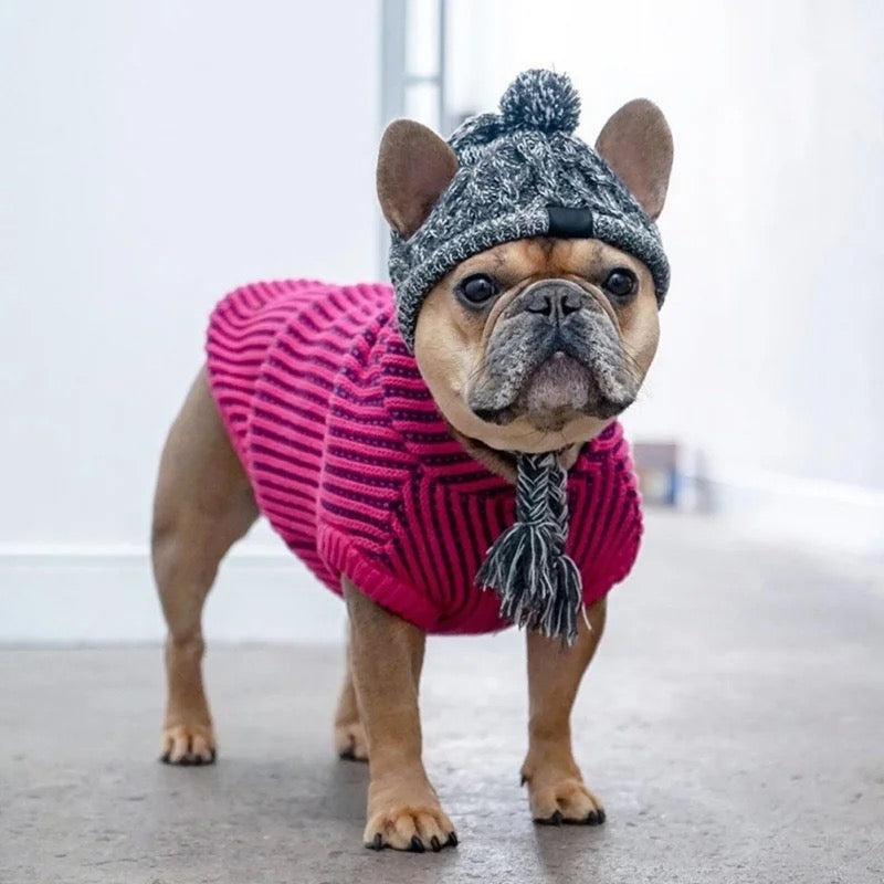 Warmhaltende gestrickte Hundemütze, Frenchie, French bulldog, true love for dogs, Pink, grau,