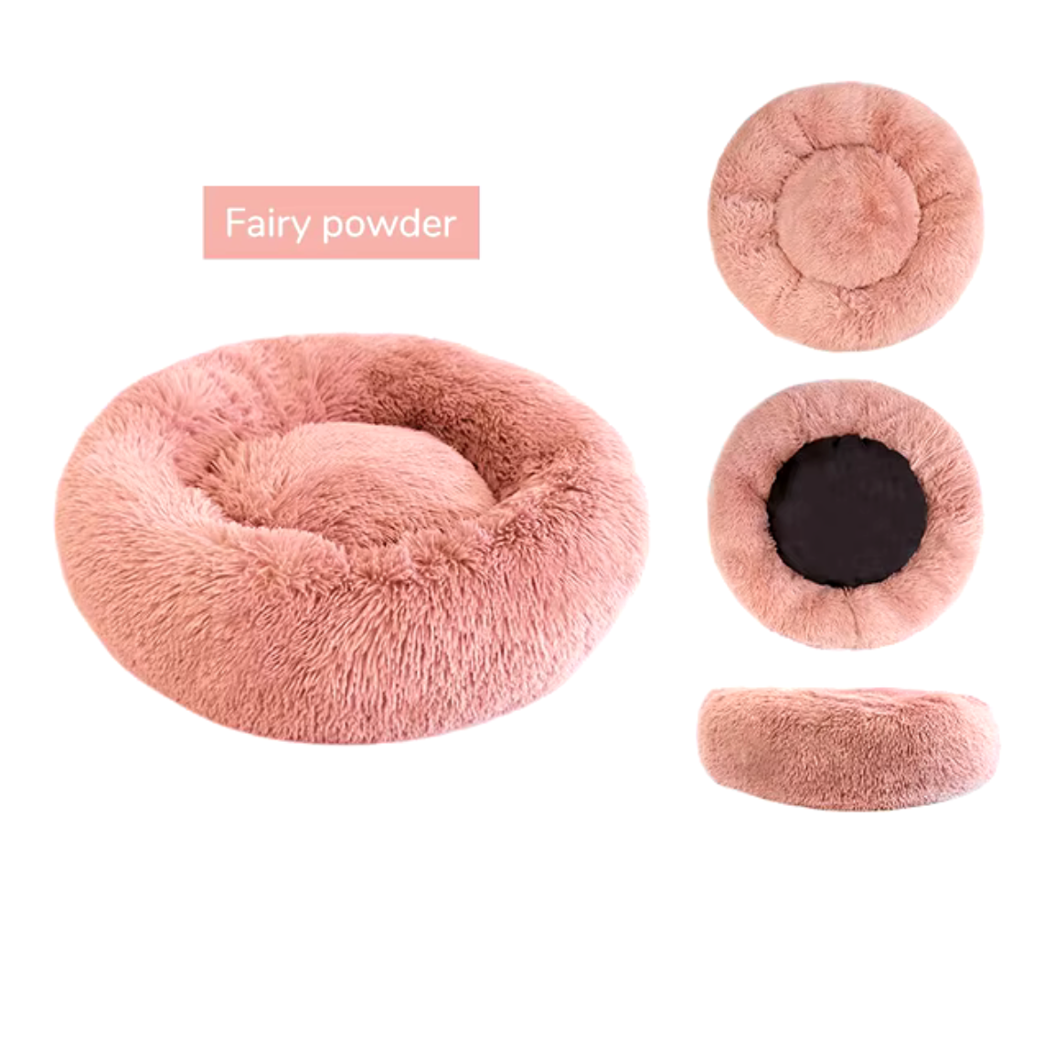 Round cozy dog bed with plush fabric, providing comfort and warmth