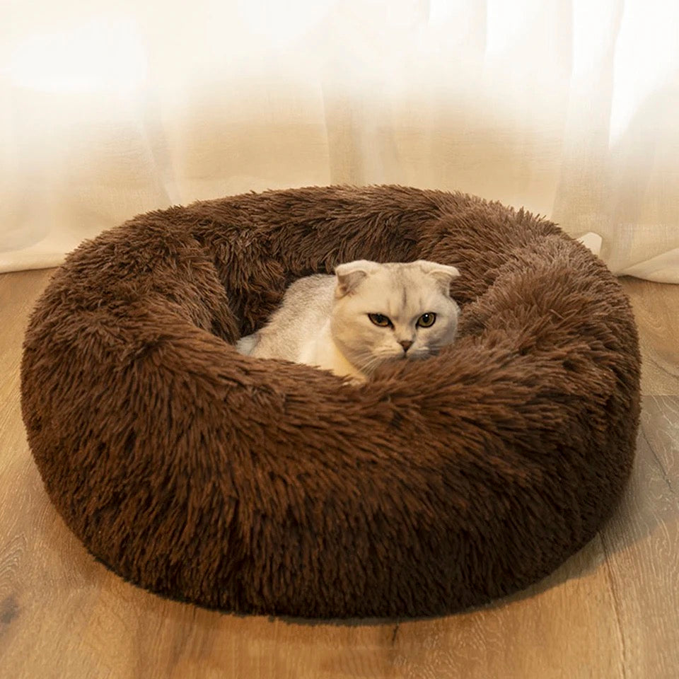 Round cozy dog bed with plush fabric, providing comfort and warmth